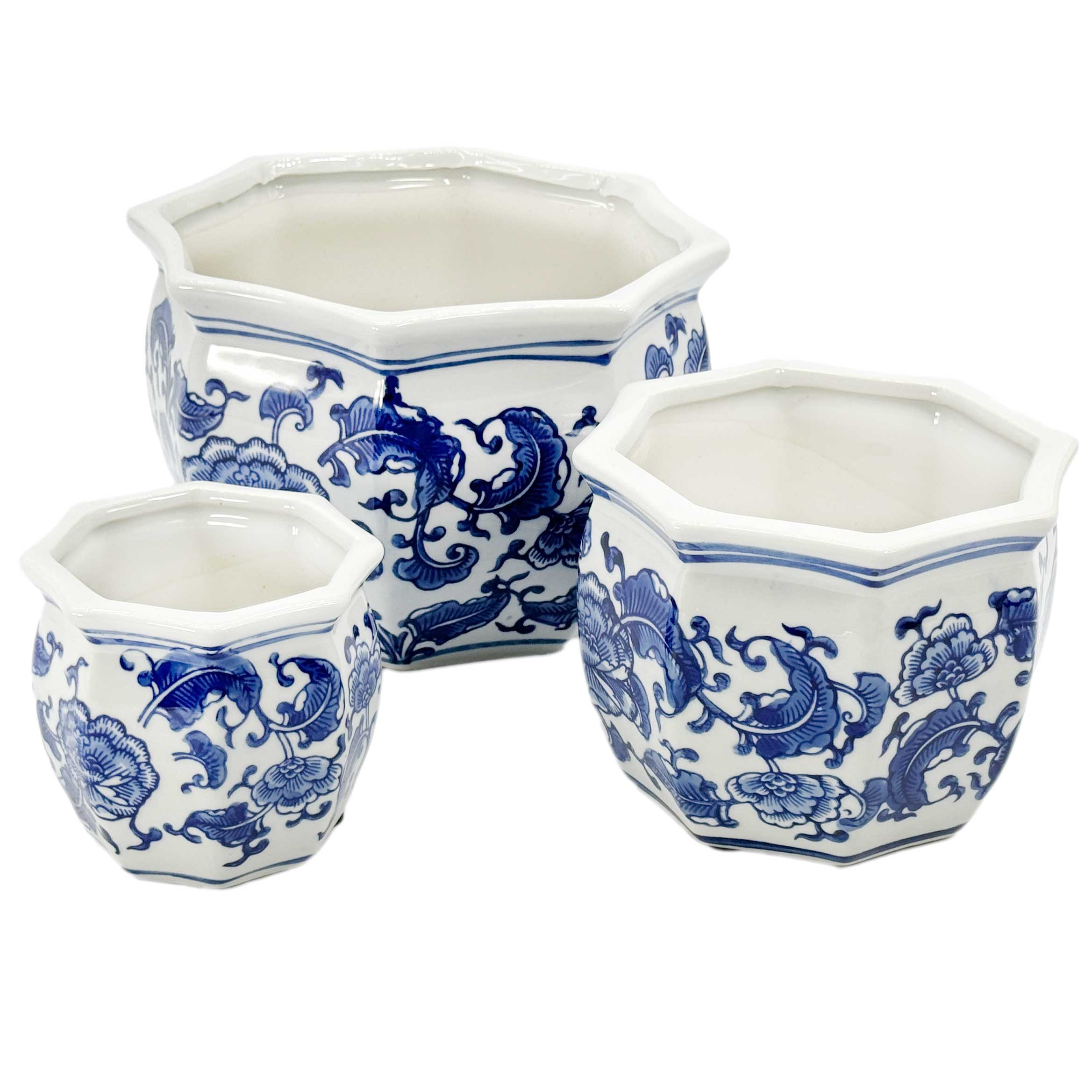 Blue & White Floral Pots (Set of 3)