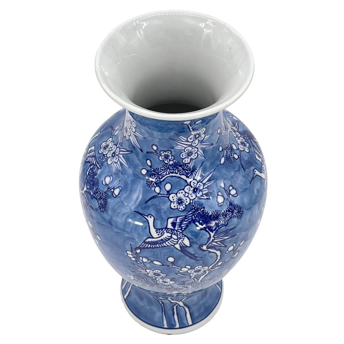 Blue & White Crane & Flowers Chinoiserie Vase