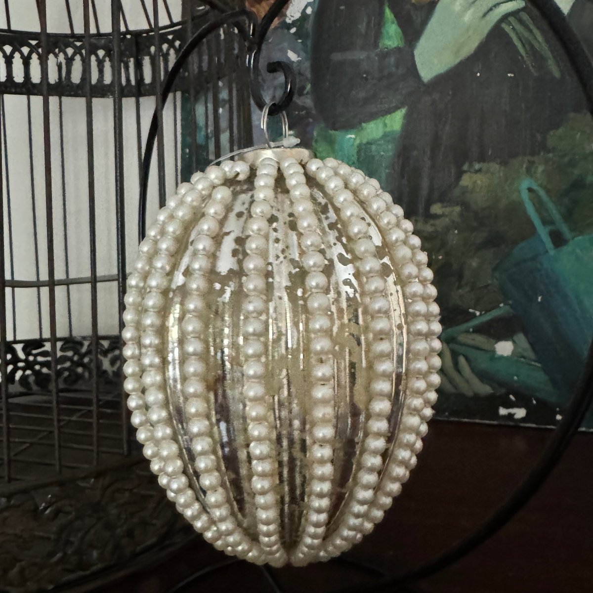 Silver Mercury Glass Ornament with White Beading