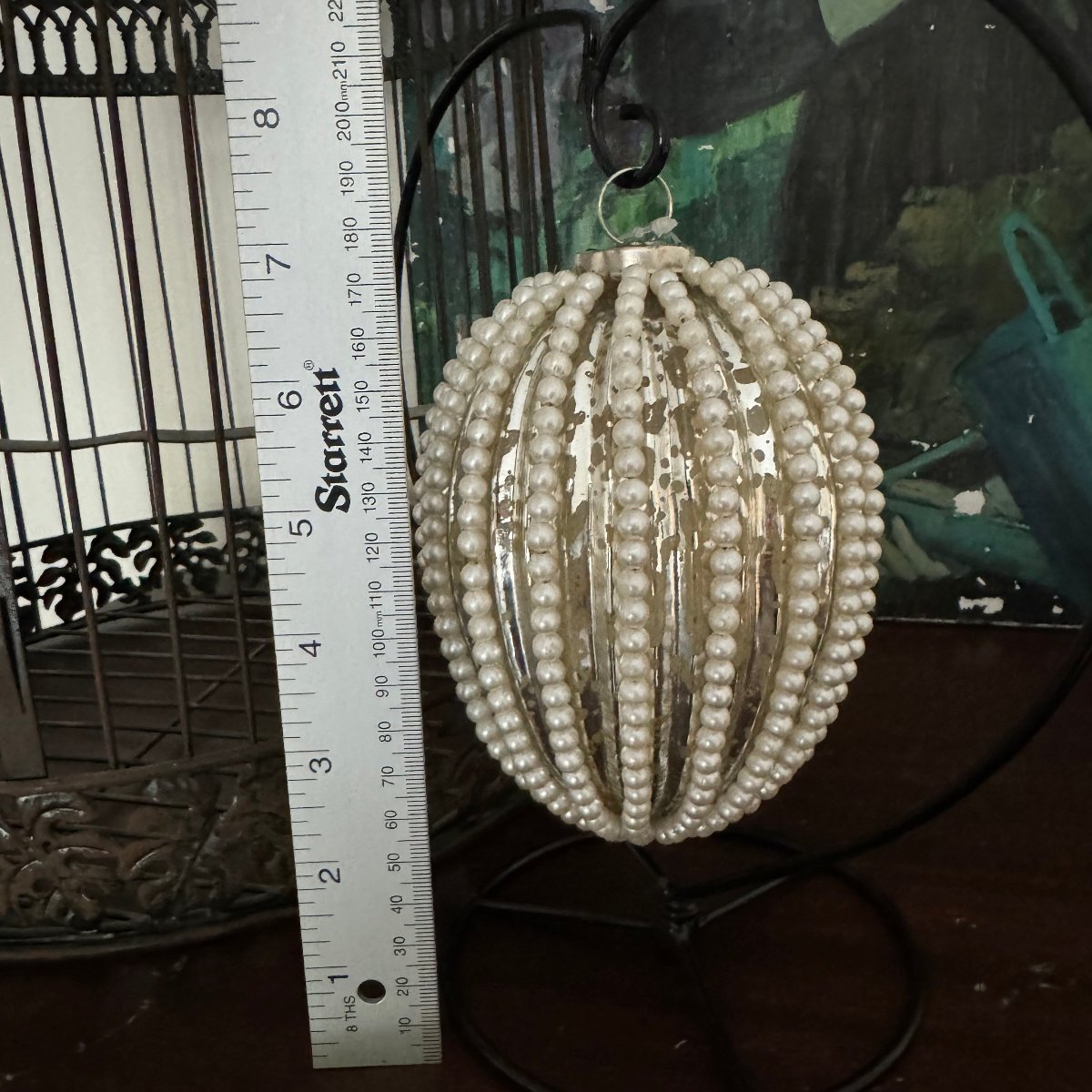 Silver Mercury Glass Ornament with White Beading