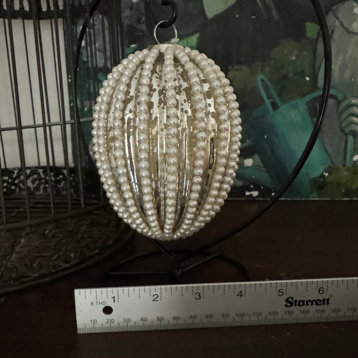 Silver Mercury Glass Ornament with White Beading