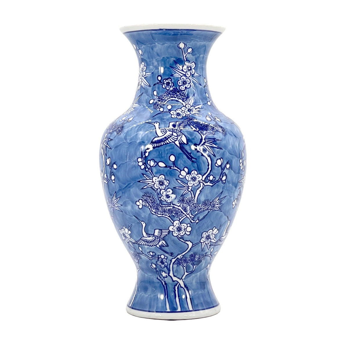 Blue & White Crane & Flowers Chinoiserie Vase